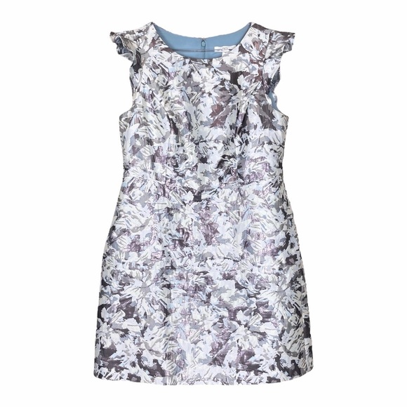 1901 Floral Ruffle Metallic Cocktail Mini Dress Ivory Blue-Gray Size 12 - Picture 9 of 9